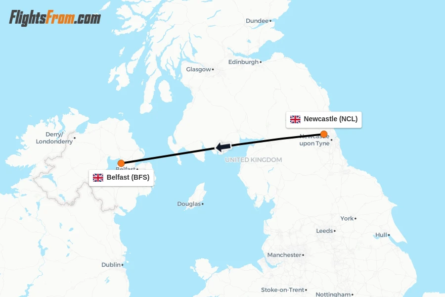 Flights from Newcastle to Belfast route map