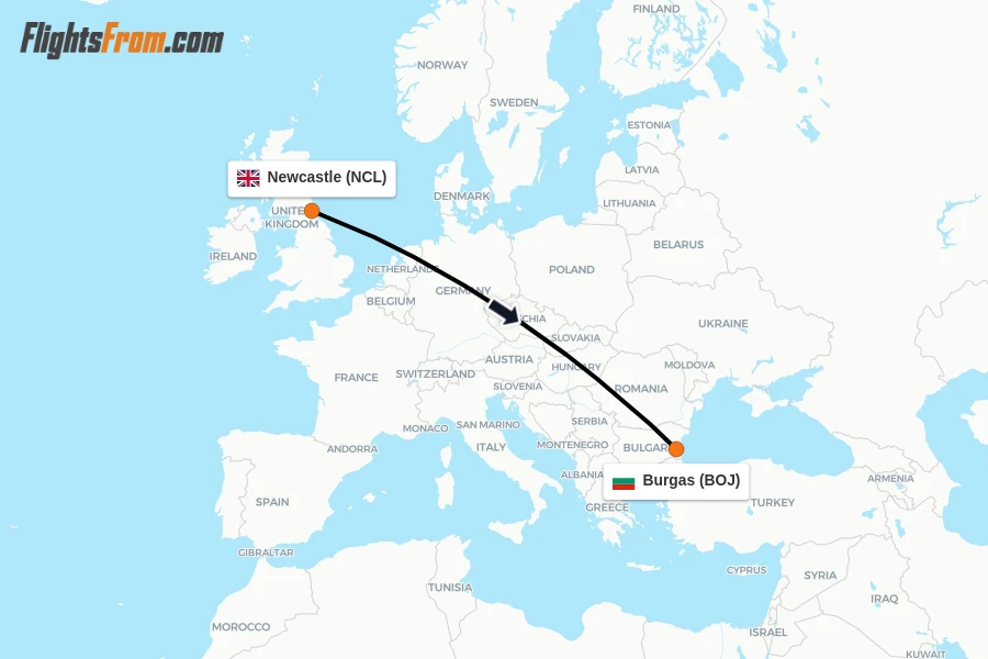 Flights from Newcastle to Burgas route map