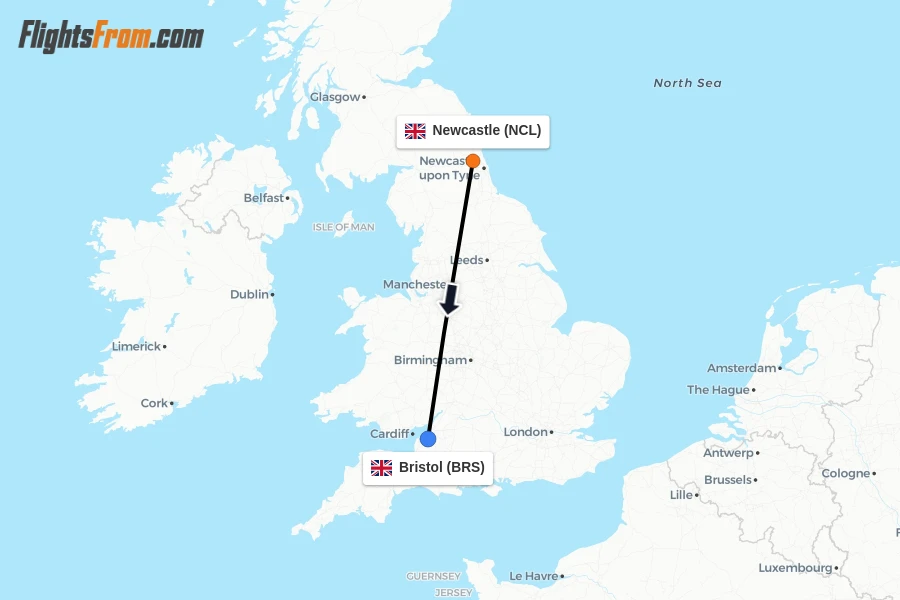 Flights from Newcastle to Bristol route map