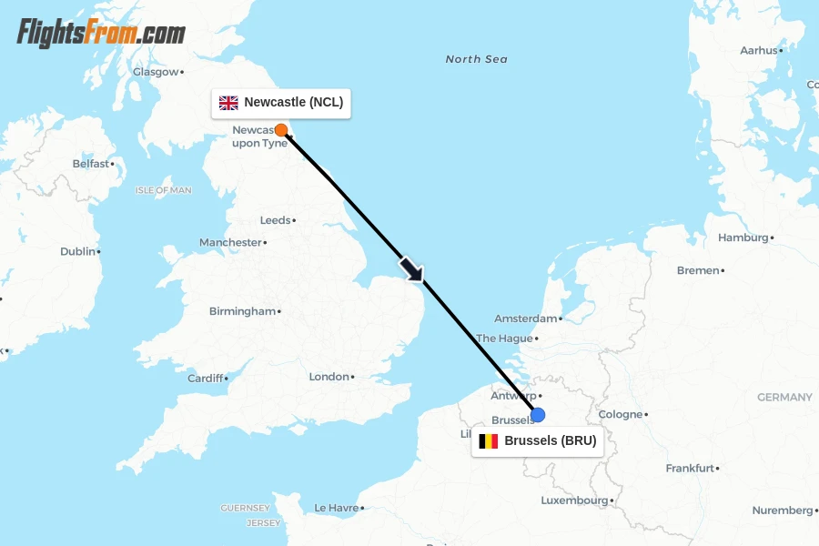 Flights from Newcastle to Brussels route map