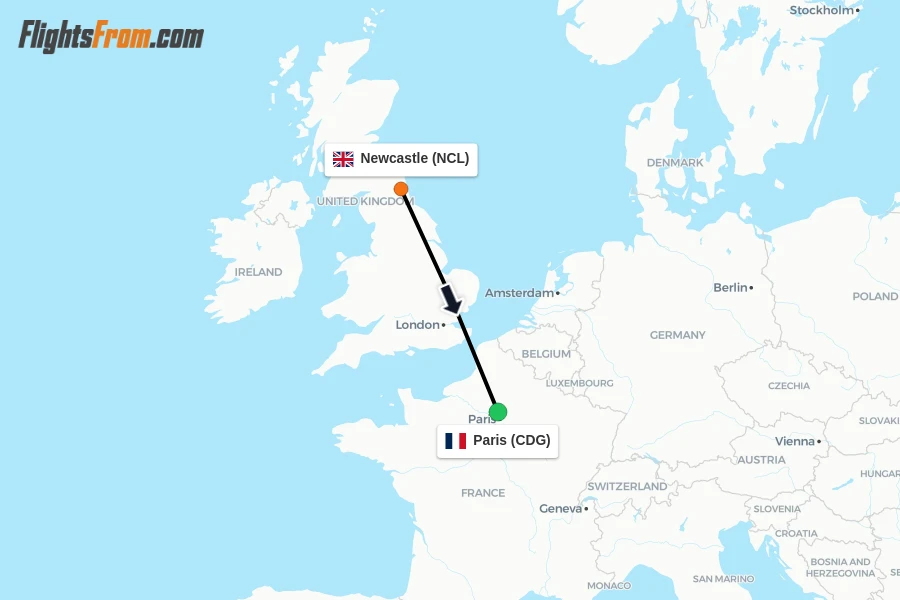 Flights from Newcastle to Paris route map