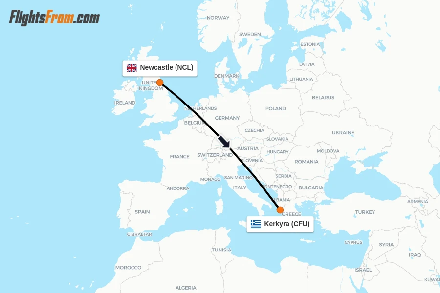 Flights from Newcastle to Kerkyra route map