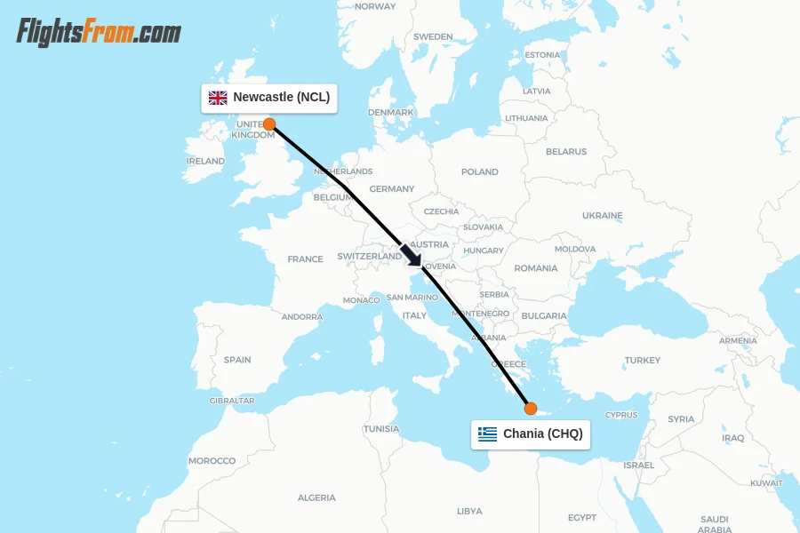 Flights from Newcastle to Chania route map