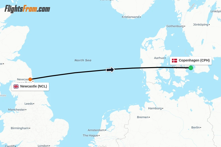 Flights from Newcastle to Copenhagen route map