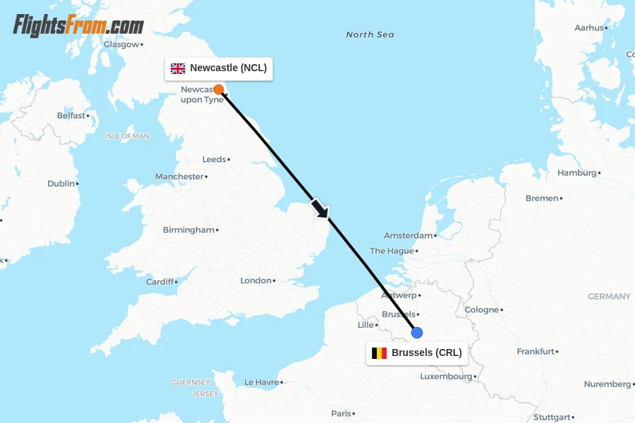 Flights from Newcastle to Brussels route map