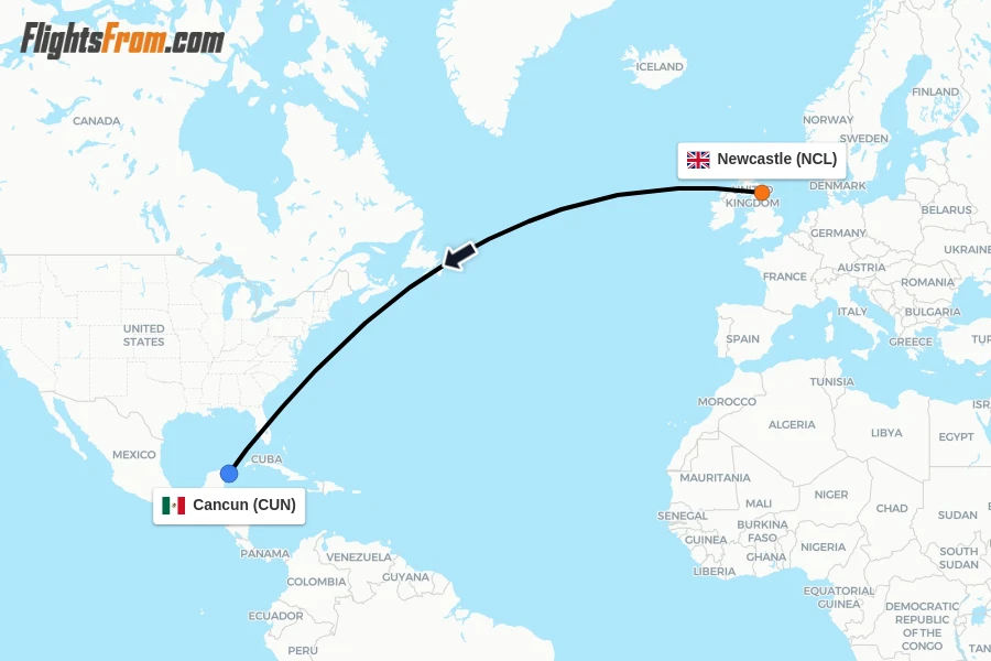 Flights from Newcastle to Cancun route map