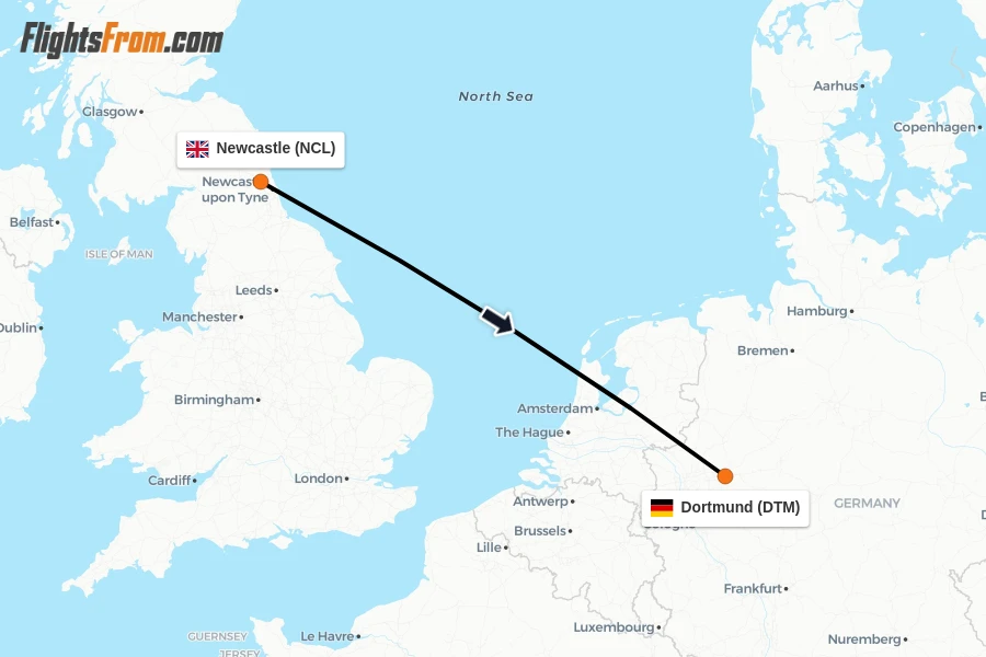 Flights from Newcastle to Dortmund route map