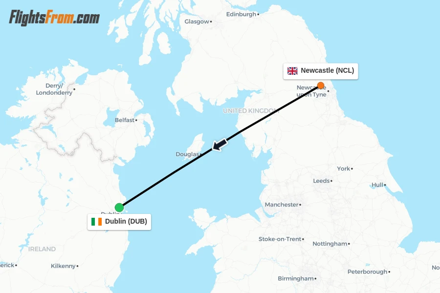Flights from Newcastle to Dublin route map