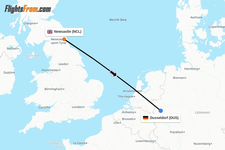 Flights from Newcastle to Dusseldorf route map