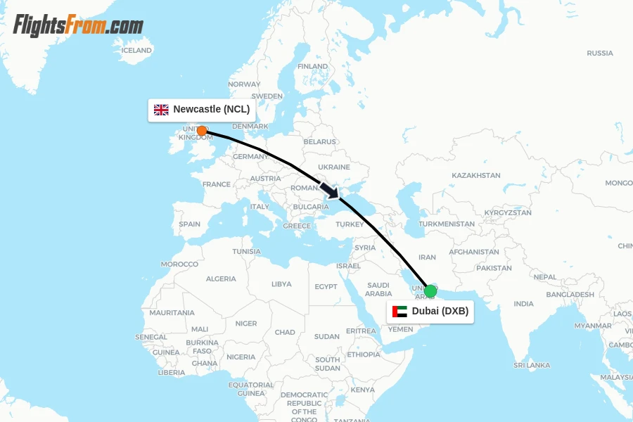 Flights from Newcastle to Dubai route map