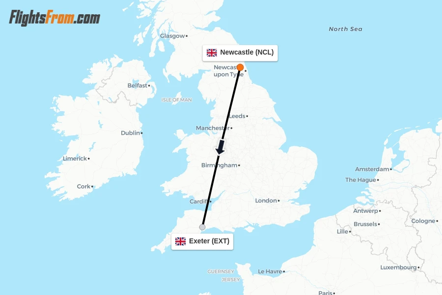 Flights from Newcastle to Exeter route map