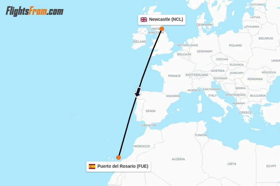 Flights from Newcastle to Puerto del Rosario route map
