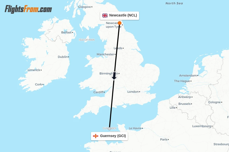Flights from Newcastle to Guernsey route map