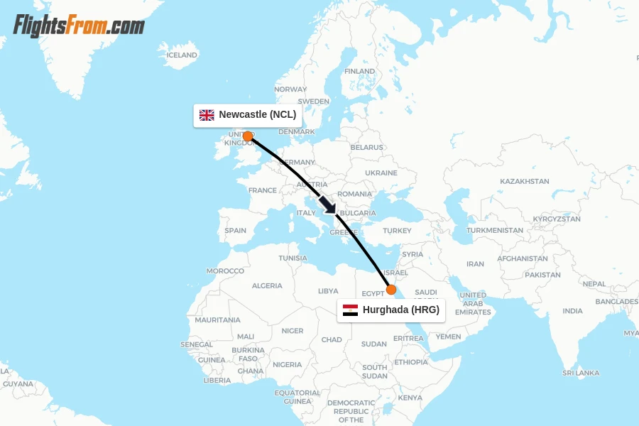 Flights from Newcastle to Hurghada route map