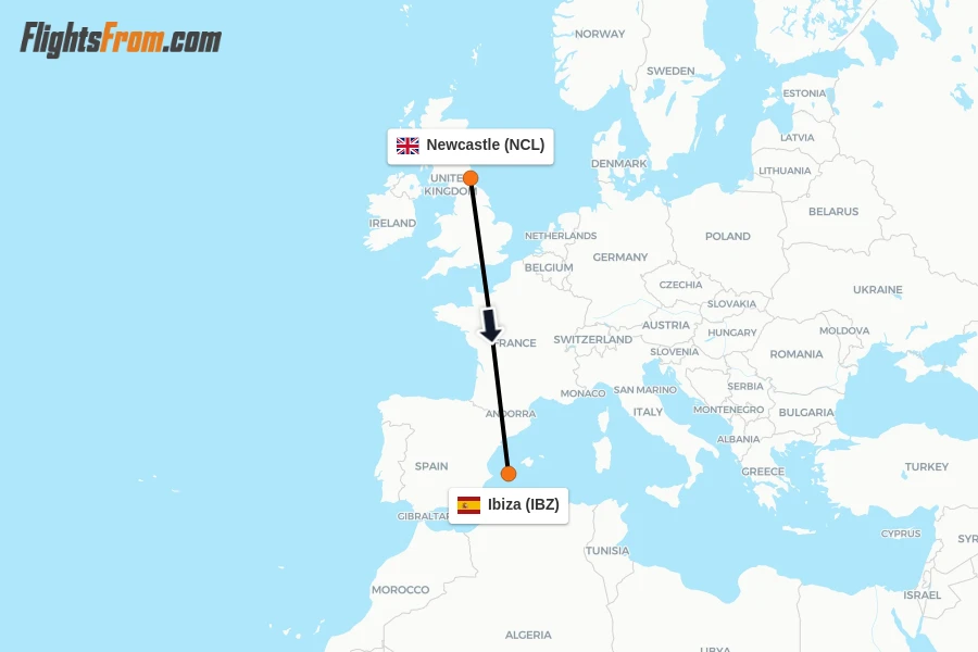 Flights from Newcastle to Ibiza route map