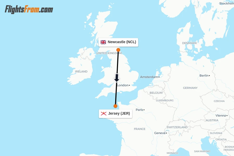 Flights from Newcastle to Jersey route map
