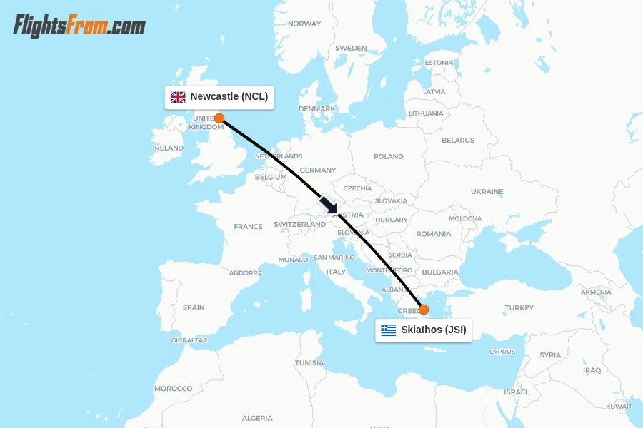 Flights from Newcastle to Skiathos route map