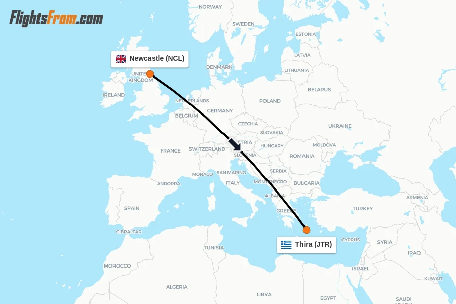 Flights from Newcastle to Thira route map