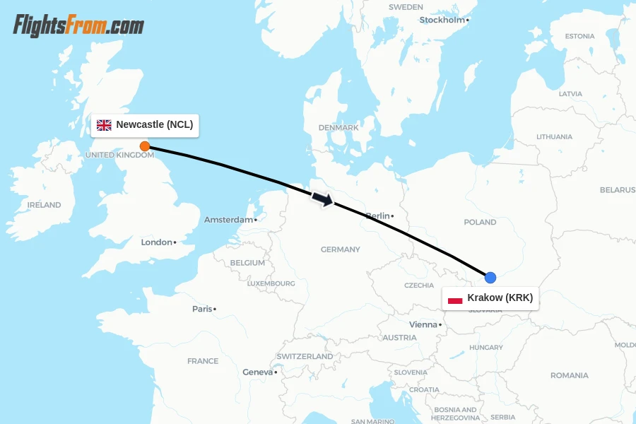 Flights from Newcastle to Krakow route map