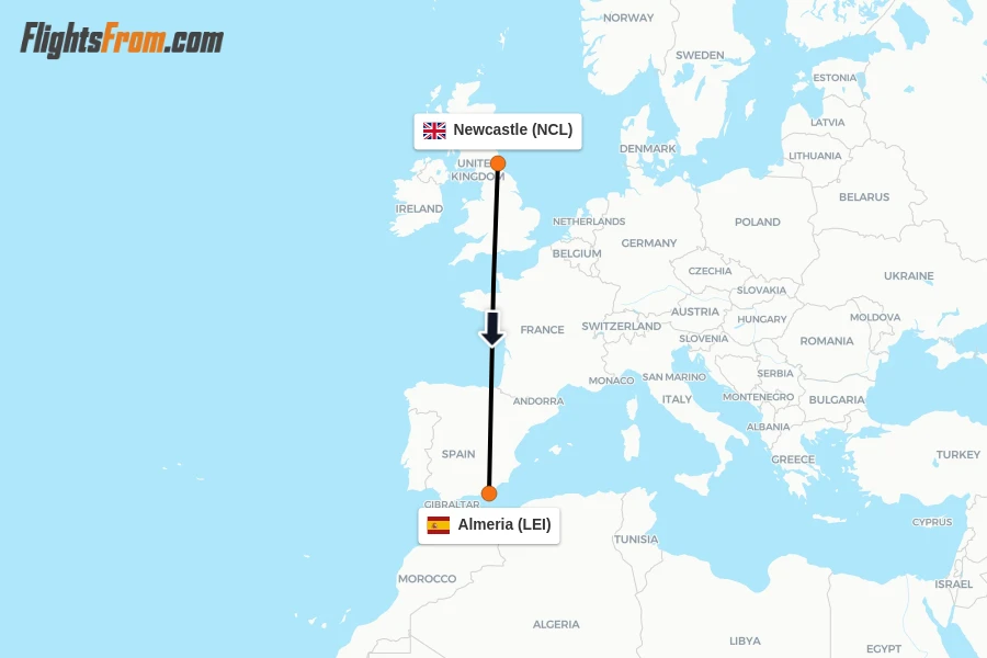 Flights from Newcastle to Almeria route map
