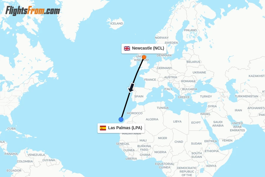 Flights from Newcastle to Las Palmas route map