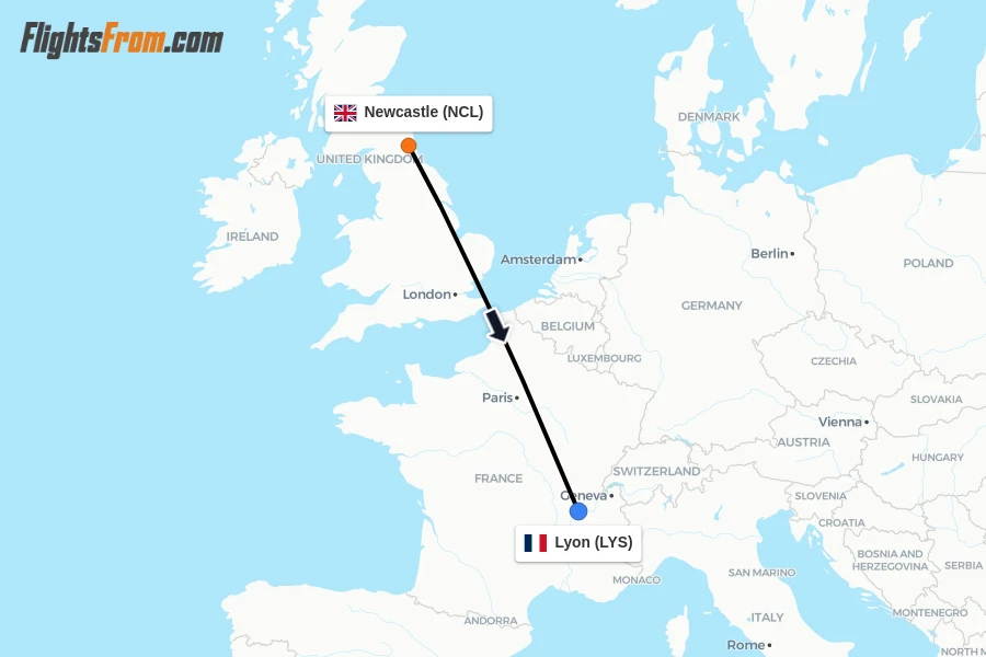 Flights from Newcastle to Lyon route map