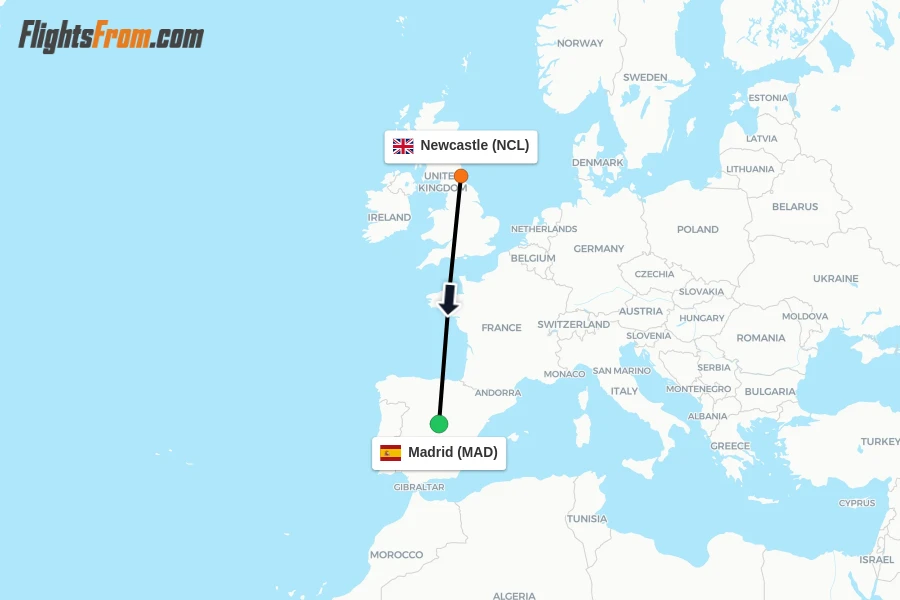 Flights from Newcastle to Madrid route map