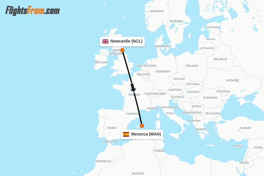 Flights from Newcastle to Menorca route map