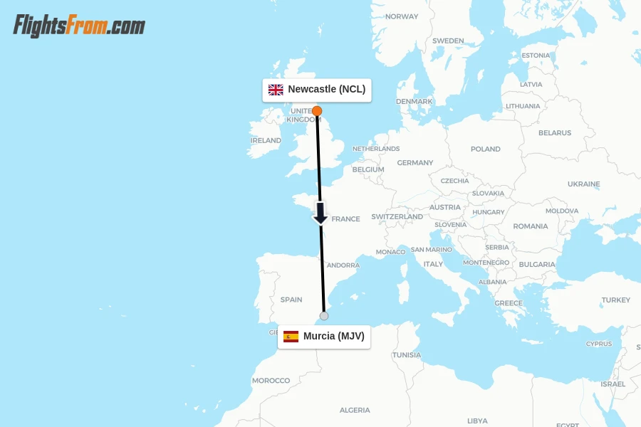 Flights from Newcastle to Murcia route map
