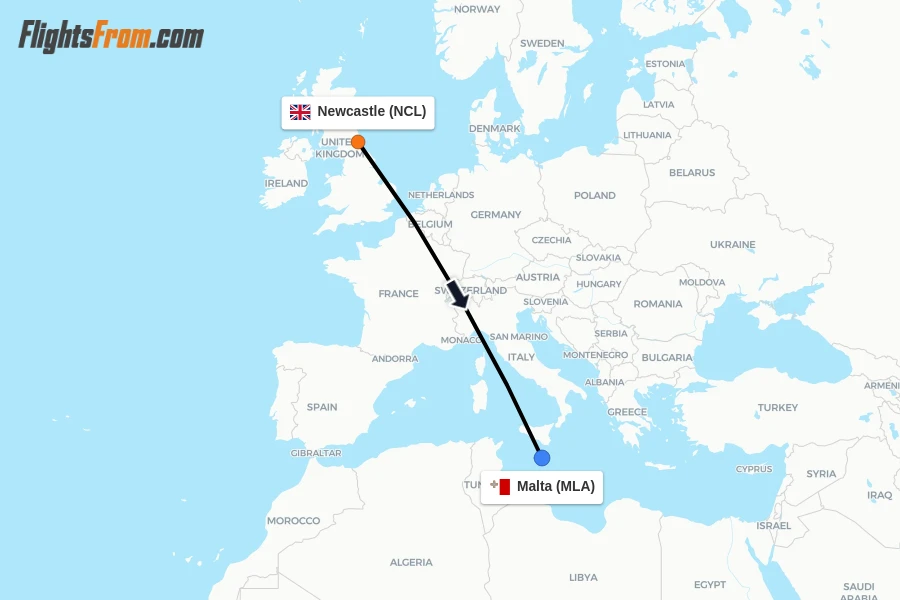 Flights from Newcastle to Malta route map
