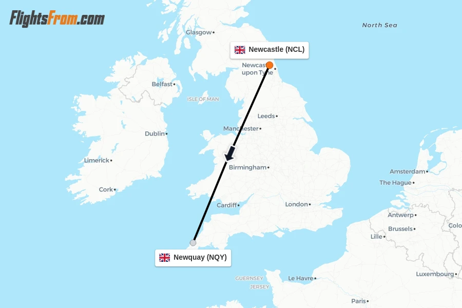 Flights from Newcastle to Newquay route map