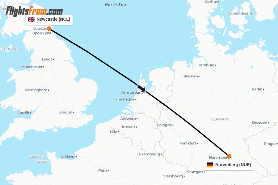 Flights from Newcastle to Nuremberg route map