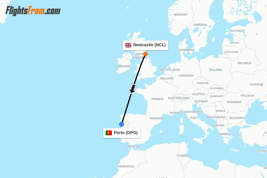 Flights from Newcastle to Porto route map