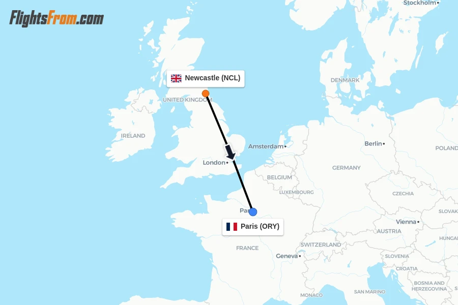 Flights from Newcastle to Paris route map