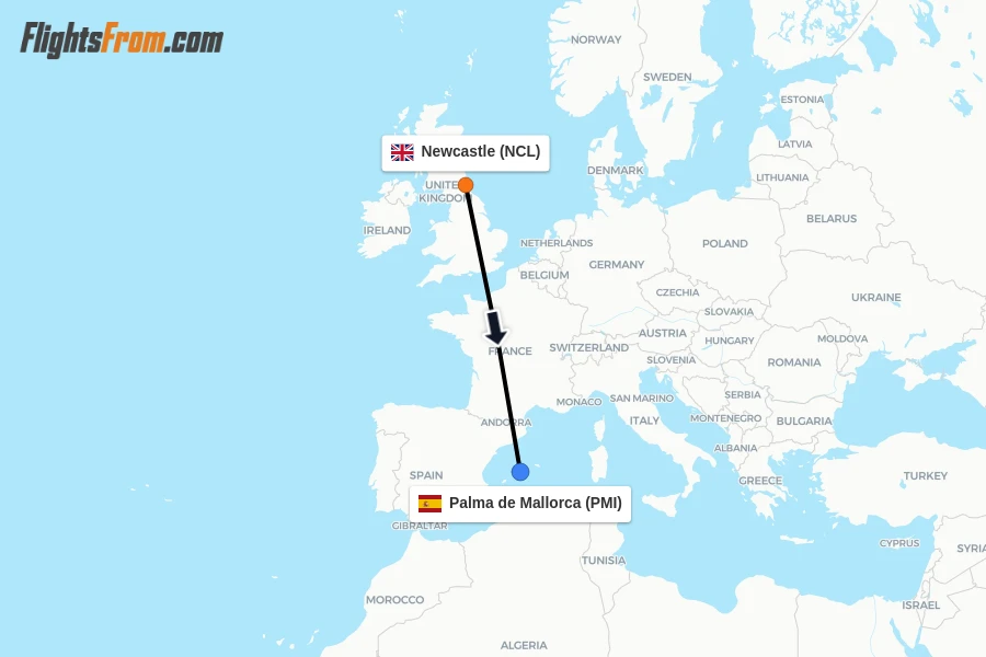 Flights from Newcastle to Palma de Mallorca route map