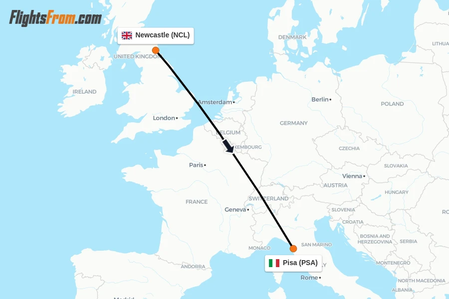 Flights from Newcastle to Pisa route map