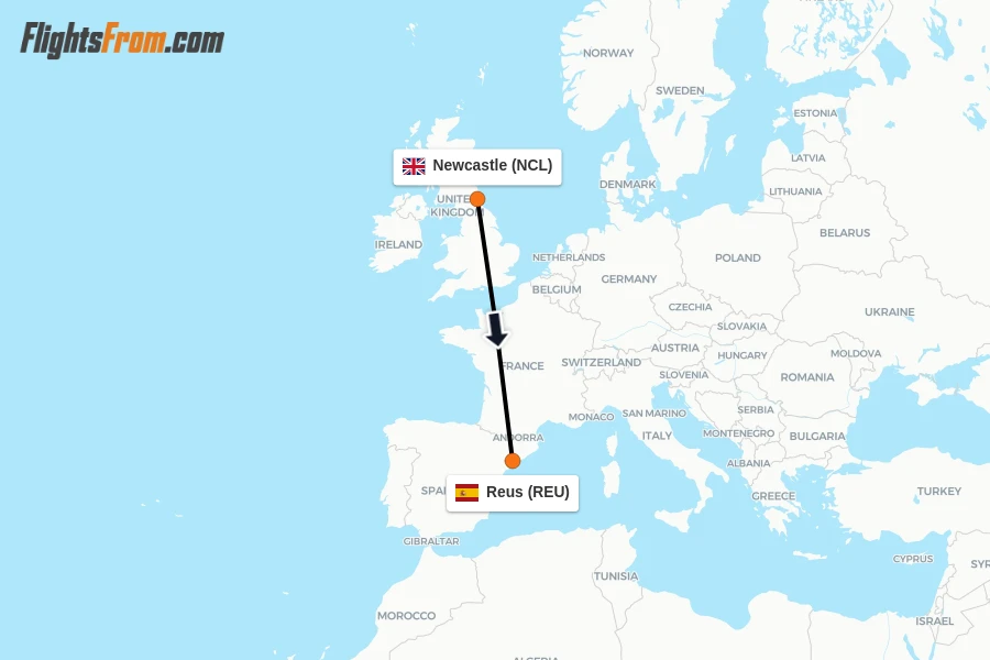 Flights from Newcastle to Reus route map