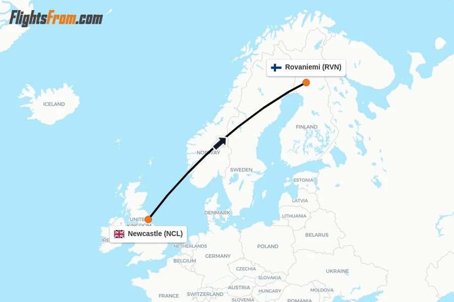 Flights from Newcastle to Rovaniemi route map
