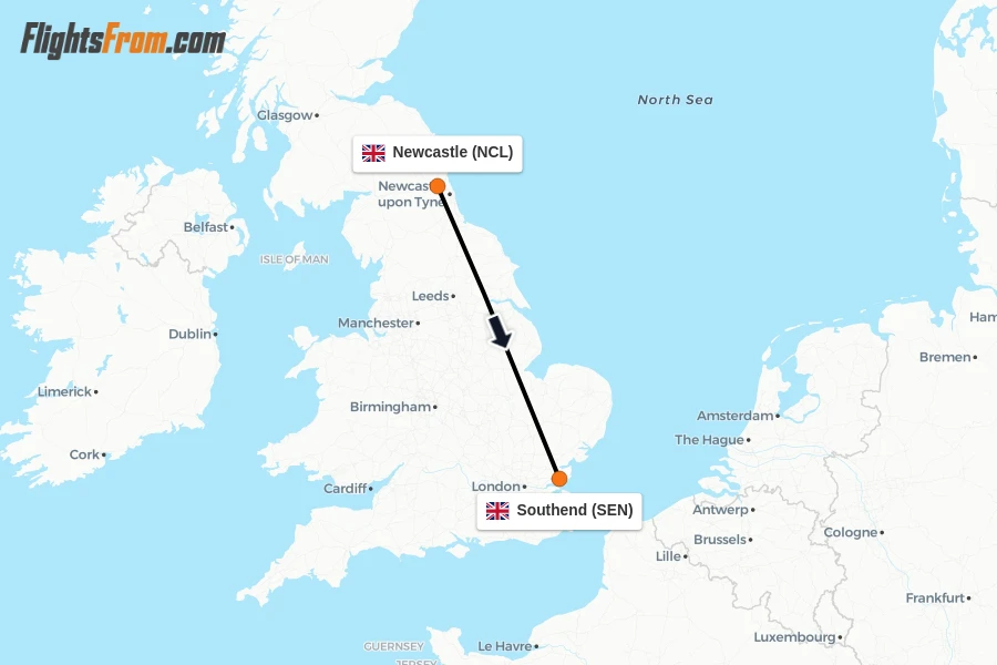 Flights from Newcastle to Southend route map