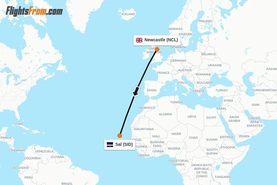 Flights from Newcastle to Sal route map