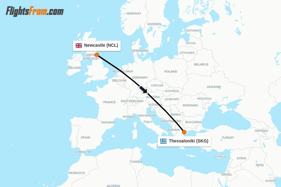 Flights from Newcastle to Thessaloniki route map