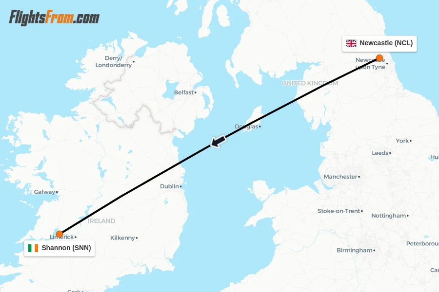Flights from Newcastle to Shannon route map