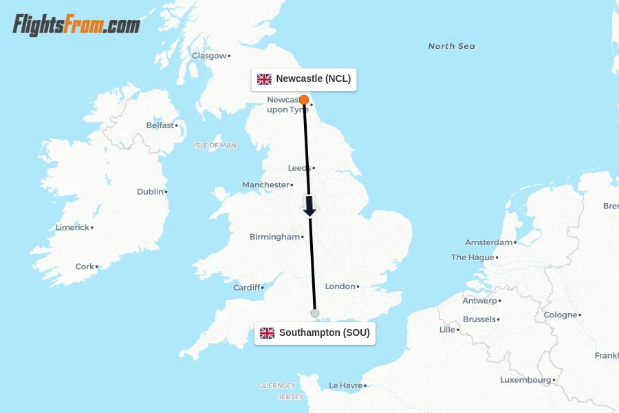 Flights from Newcastle to Southampton route map