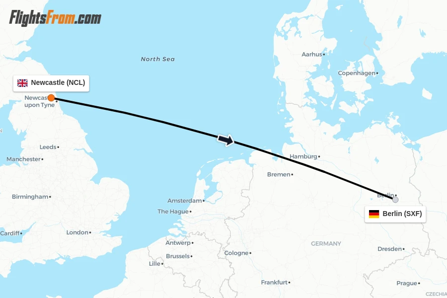 Flights from Newcastle to Berlin route map