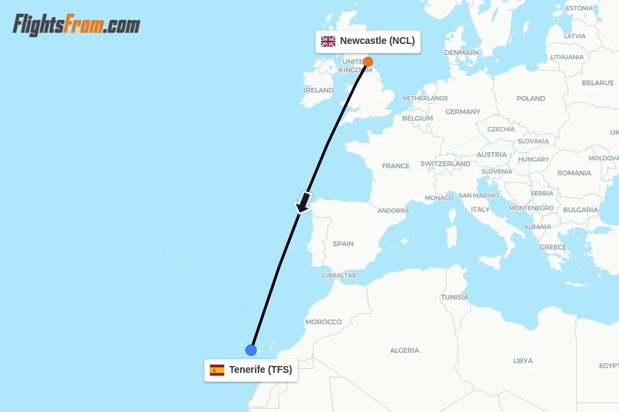 Flights from Newcastle to Tenerife route map