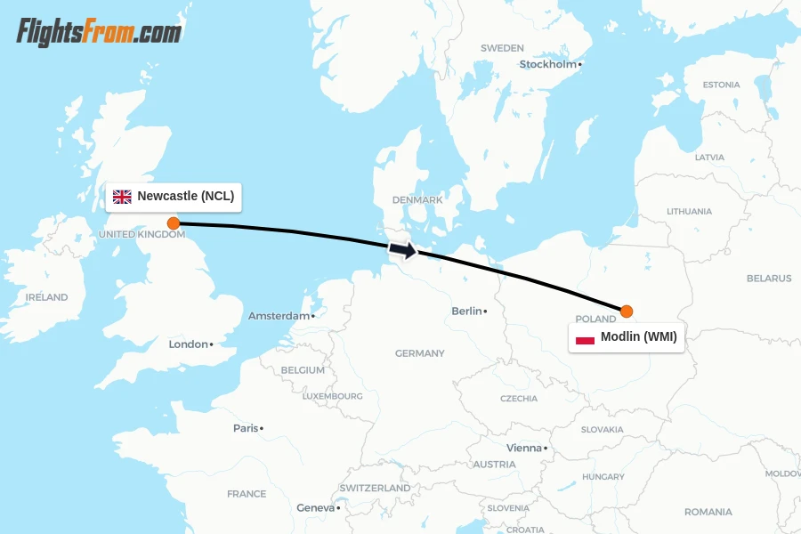 Flights from Newcastle to Modlin route map
