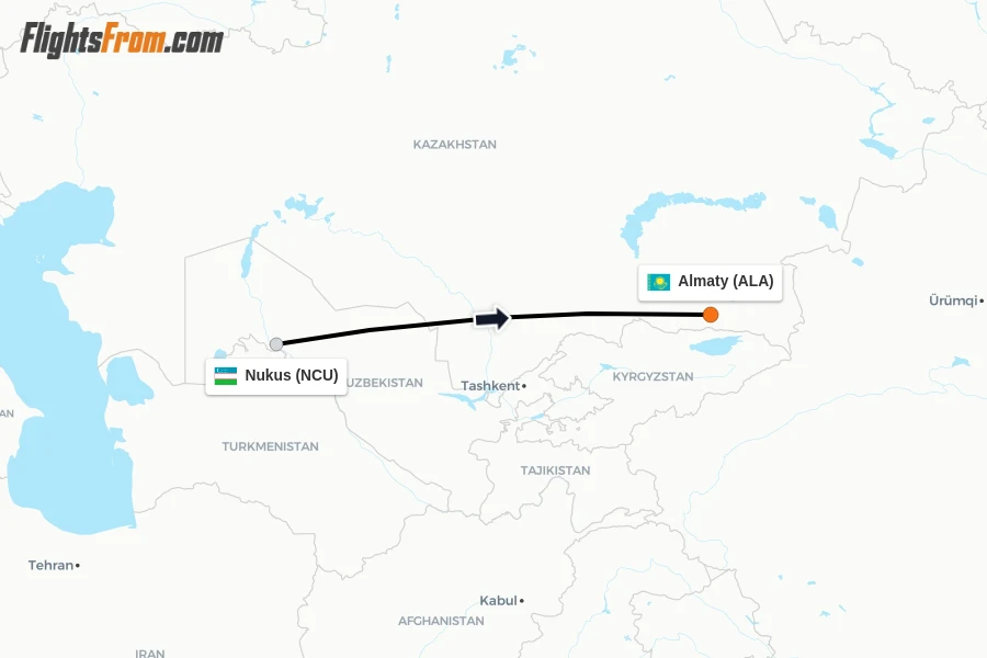 Flights from Nukus to Almaty route map