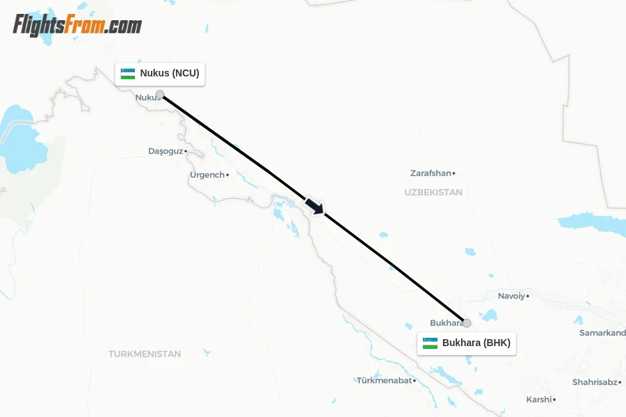 Flights from Nukus to Bukhara route map