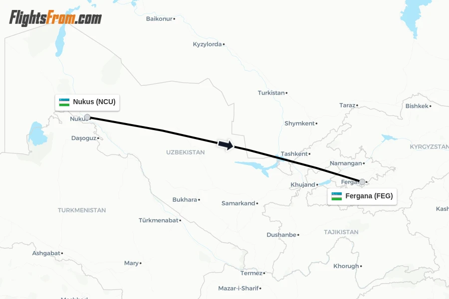 Flights from Nukus to Fergana route map
