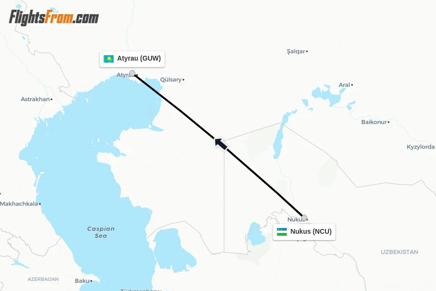 Flights from Nukus to Atyrau route map
